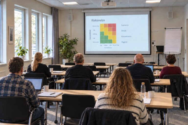Deltagare i en kurslokal följer en genomgång av riskanalys med riskmatris på projektorduken